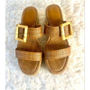J.McLaughlin Fleur Bamboo Buckle Wedge Sandal in the tan color women size 10M